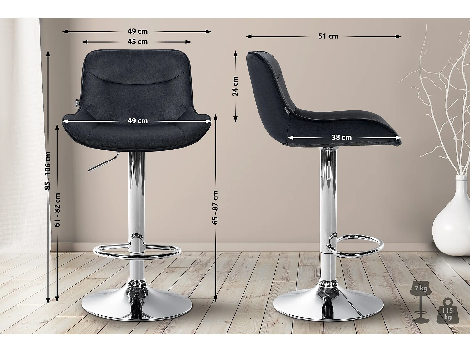 Lot de 2  Tabouret de bar - Velours & Chrome - Noir - Vonore