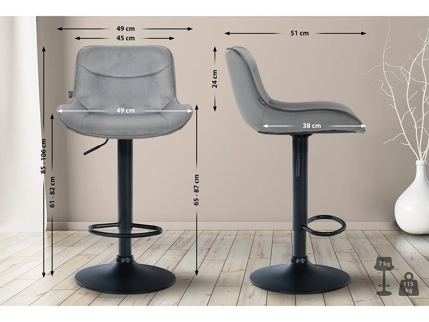 Tabouret de bar - Velours & Noir - Gris - Vonore