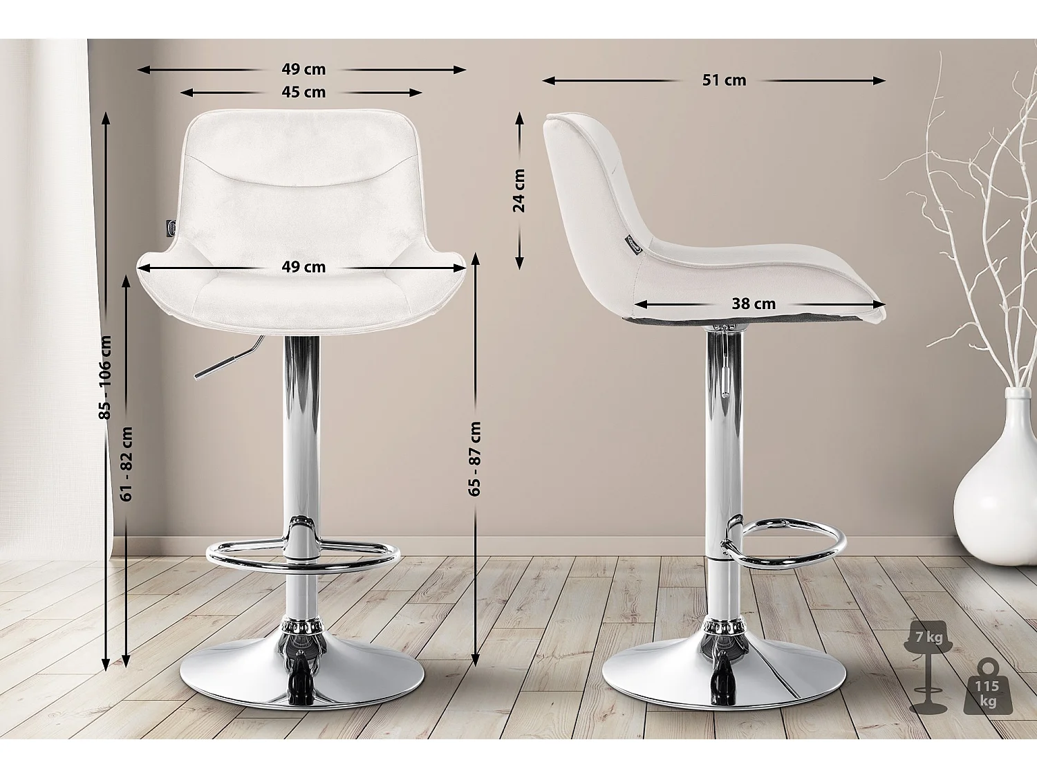 Tabouret de bar - Velours & Chrome - Crème - Vonore