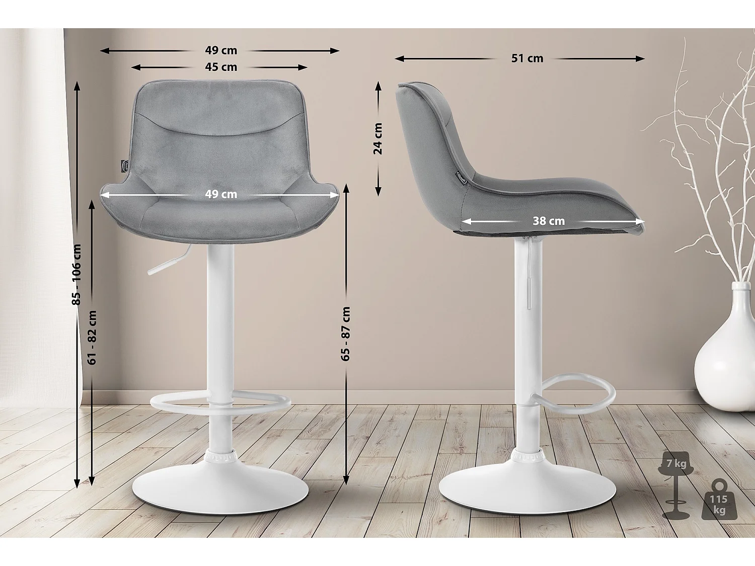 Lot de 2  Tabouret de bar - Velours & Blanc - Gris - Vonore