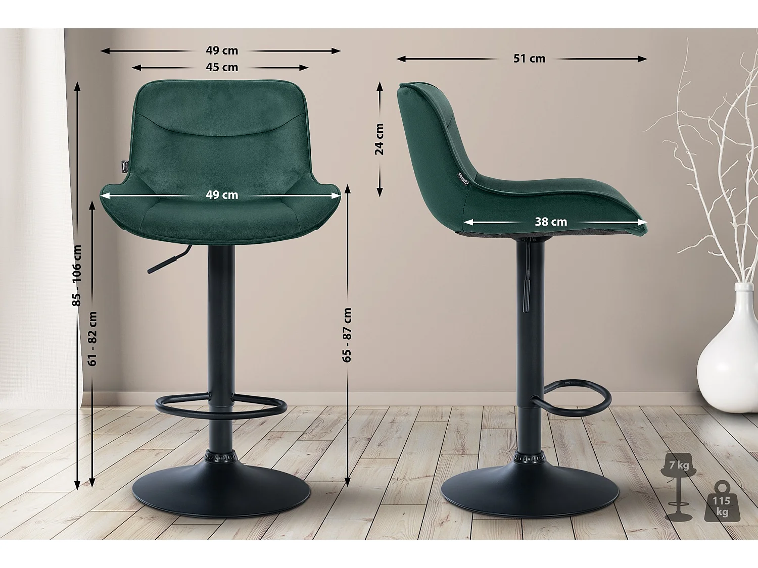 Lot de 2  Tabouret de bar - Velours & Noir - Vert - Vonore