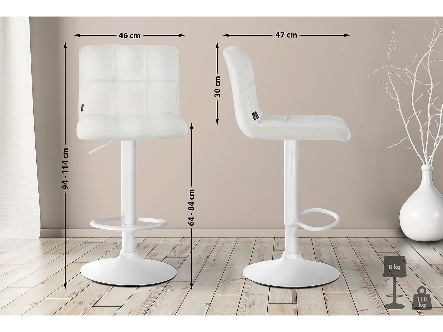 Lot de 2  Tabouret de bar - Velours & Blanc - Crème - Peru