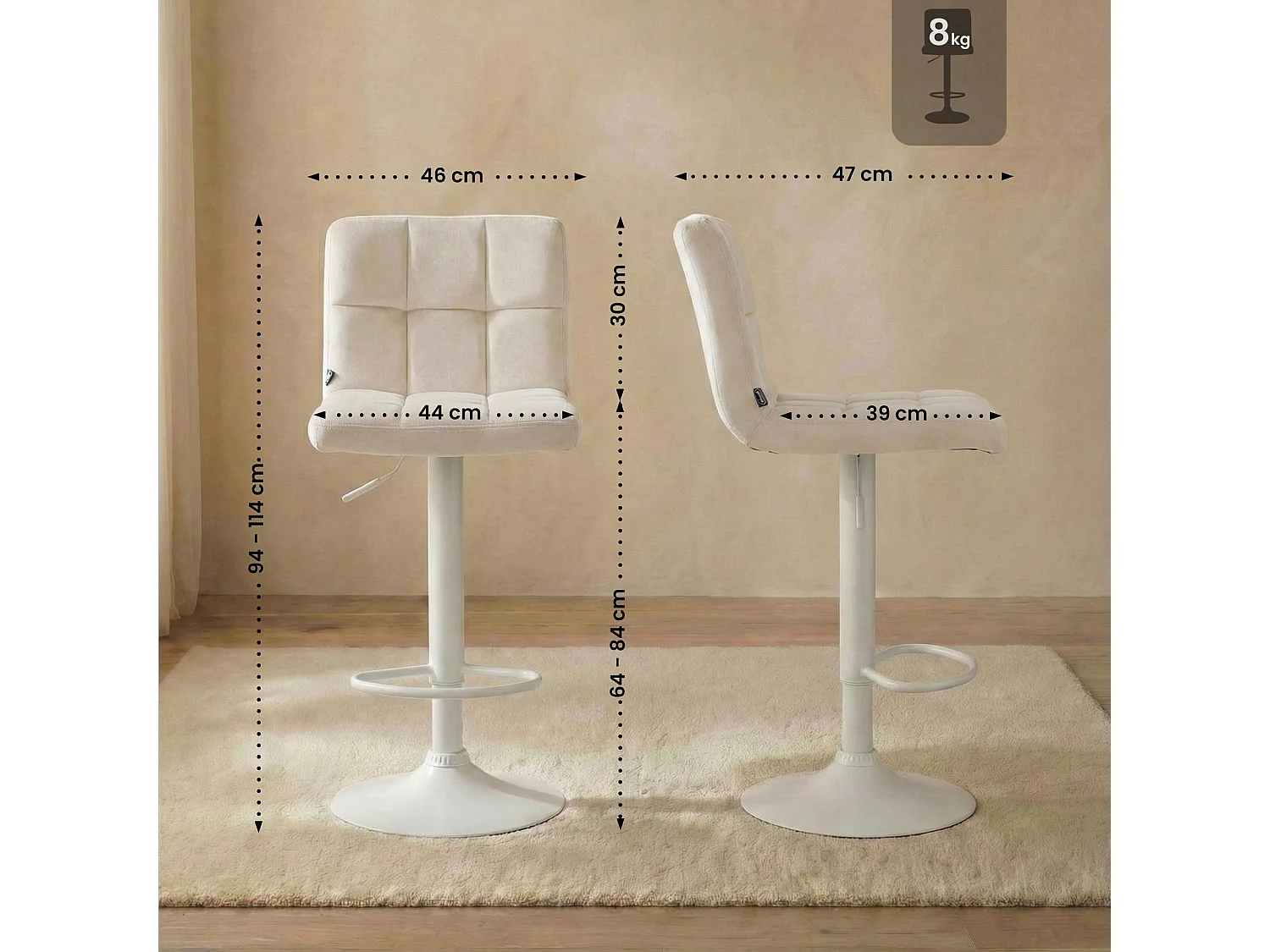 Lot de 2  Tabouret de bar - Velours & Blanc - Crème - Peru