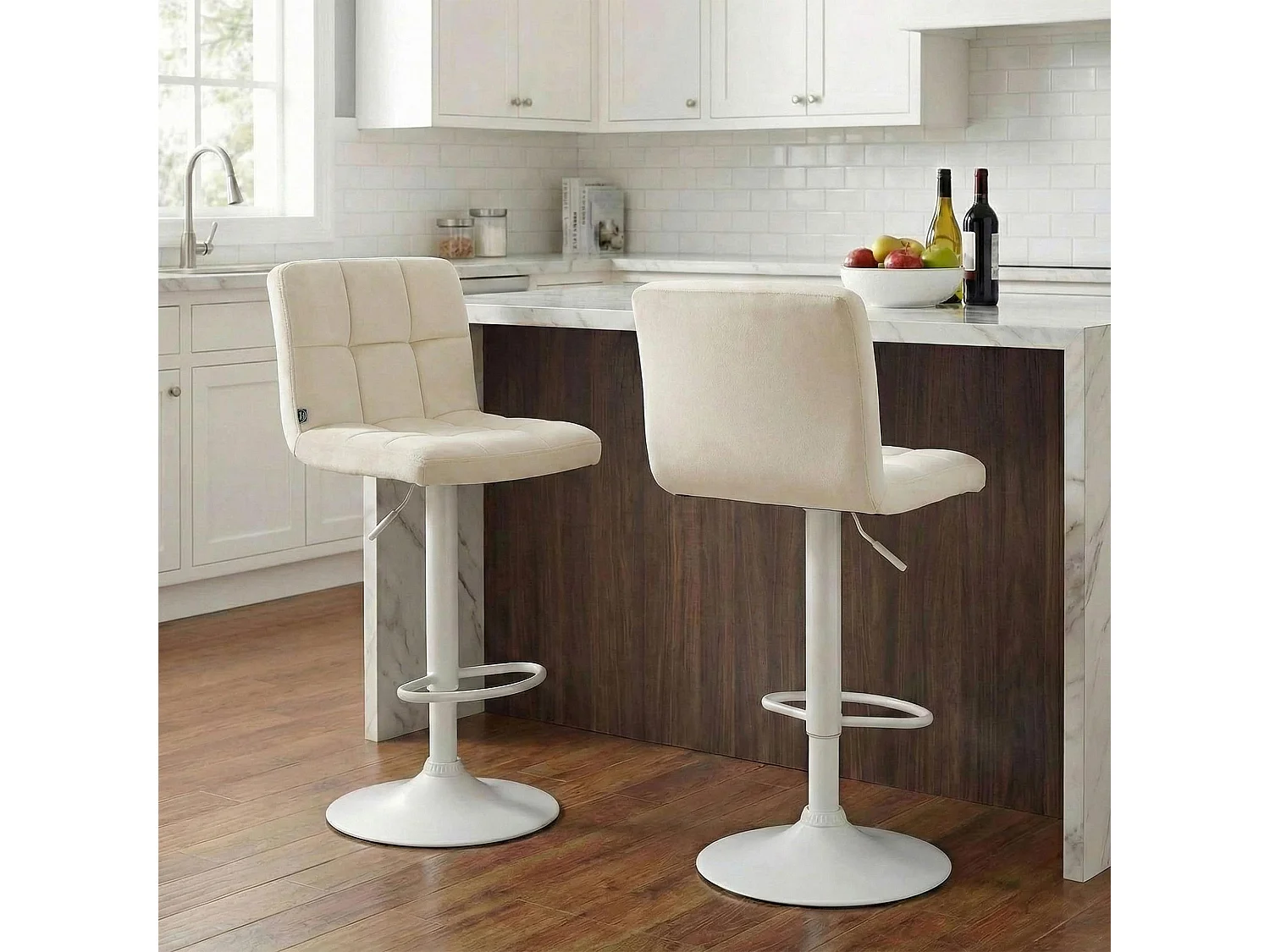 Lot de 2  Tabouret de bar - Velours & Blanc - Crème - Peru