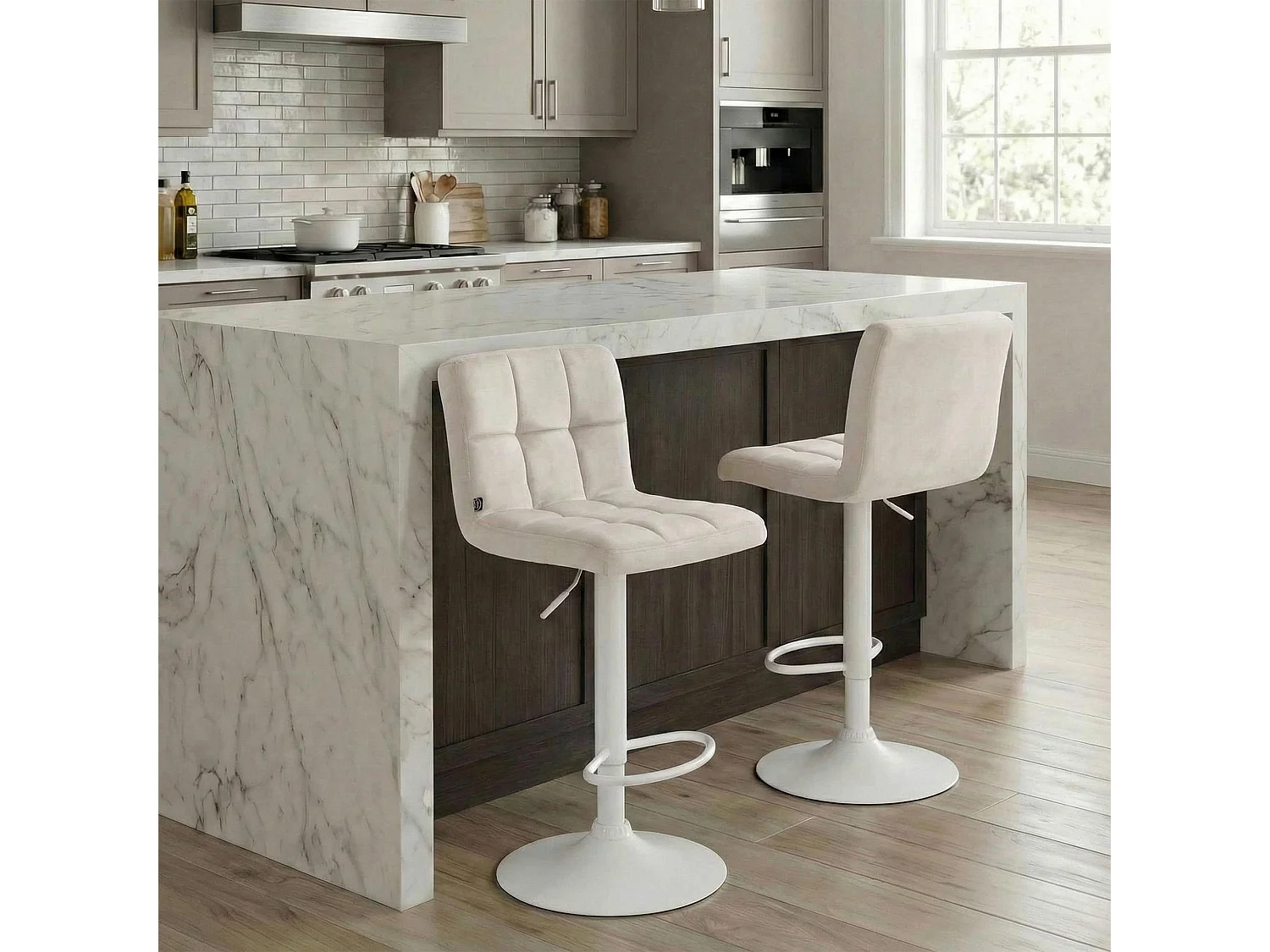 Lot de 2  Tabouret de bar - Velours & Blanc - Crème - Peru