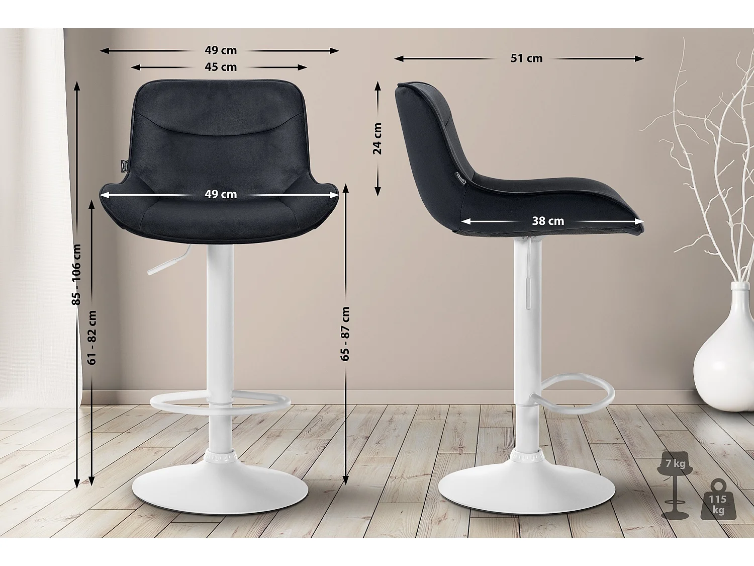 Lot de 2  Tabouret de bar - Velours & Blanc - Noir - Vonore