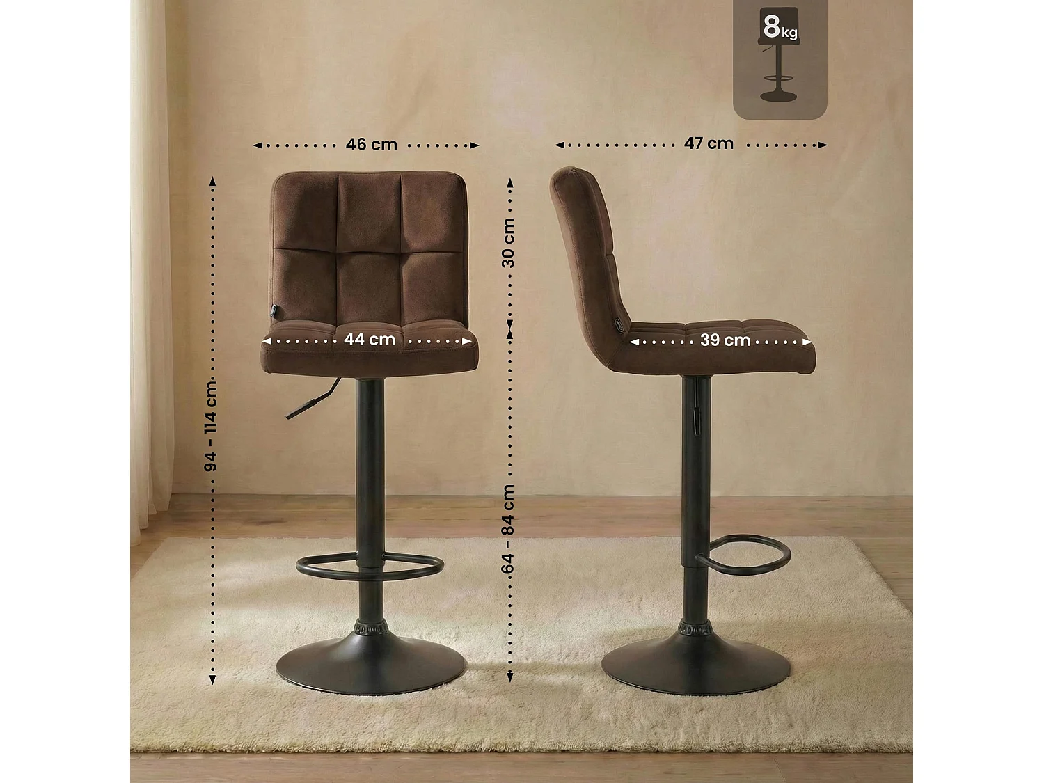 Lot de 2  Tabouret de bar - Velours & Noir - Marron - Peru