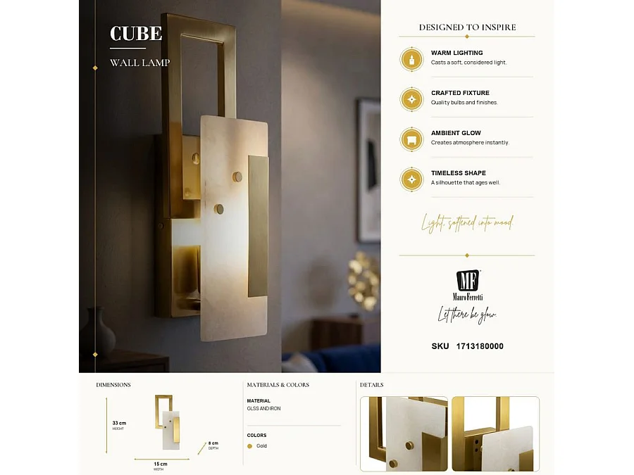 Applique Murale Design en Verre "Cube" 33cm Or