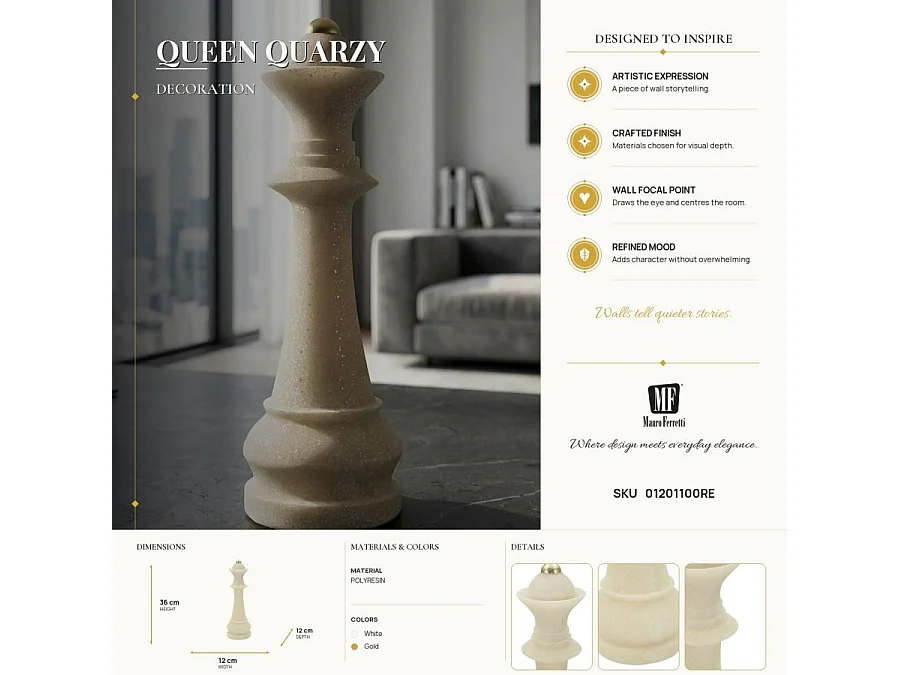 Regina degli scacchi in resina beige e dorata Ø cm 12x36
