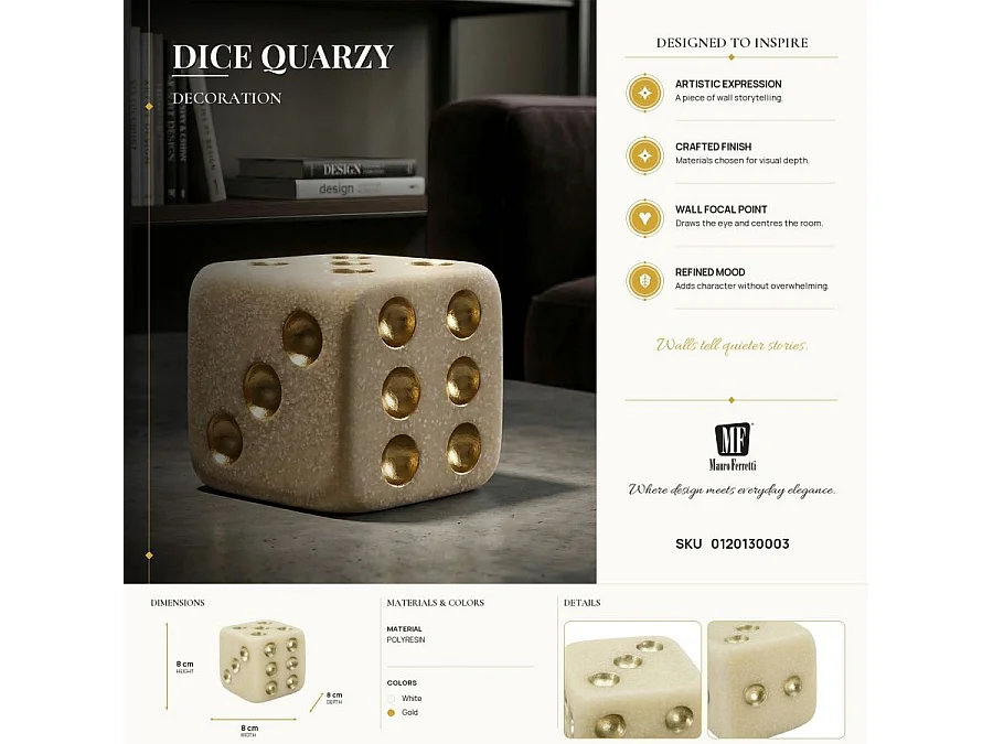 Dado in resina beige e dorato cm 8x8x8