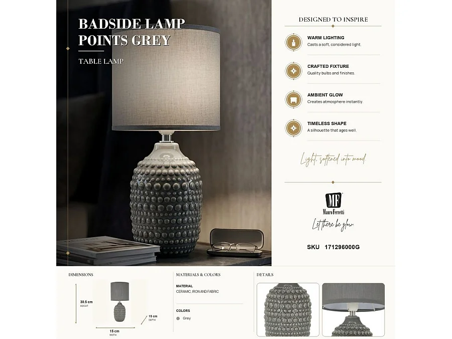 Lampada da comodino in ceramica grigia Ø cm 15x30,5