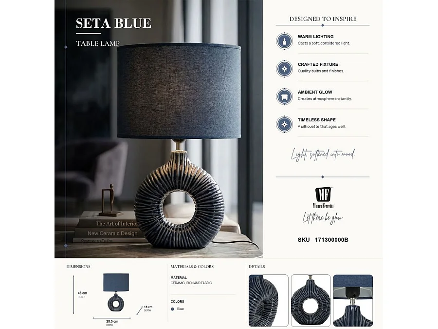 Lampe à Poser en Céramique "Seta" 43cm Bleu