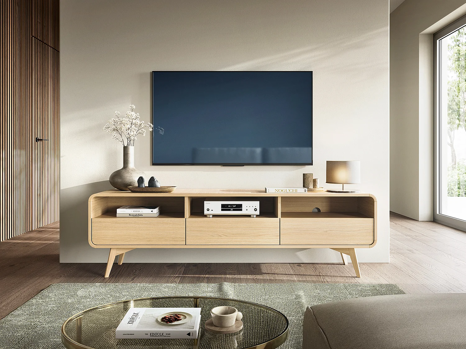 Meuble TV avec 3 tiroirs et 3 niches - Naturel - JALEMO