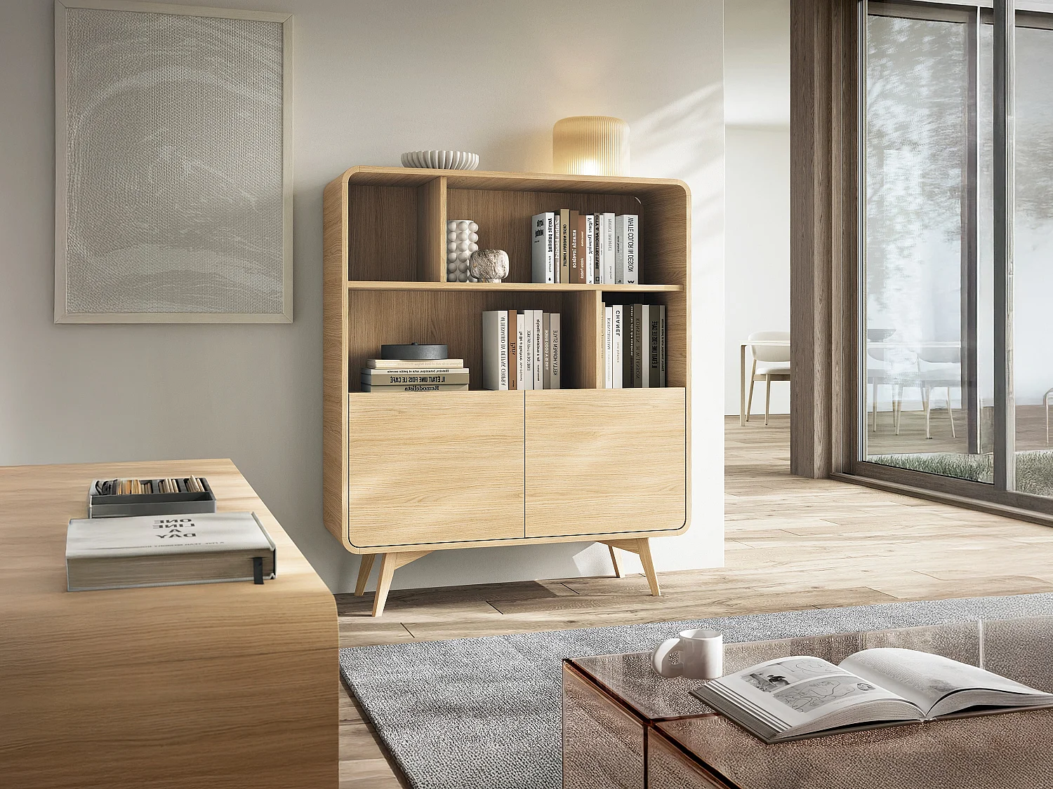 Bibliothèque avec 2 portes et 4 niches - Naturel - JALEMO