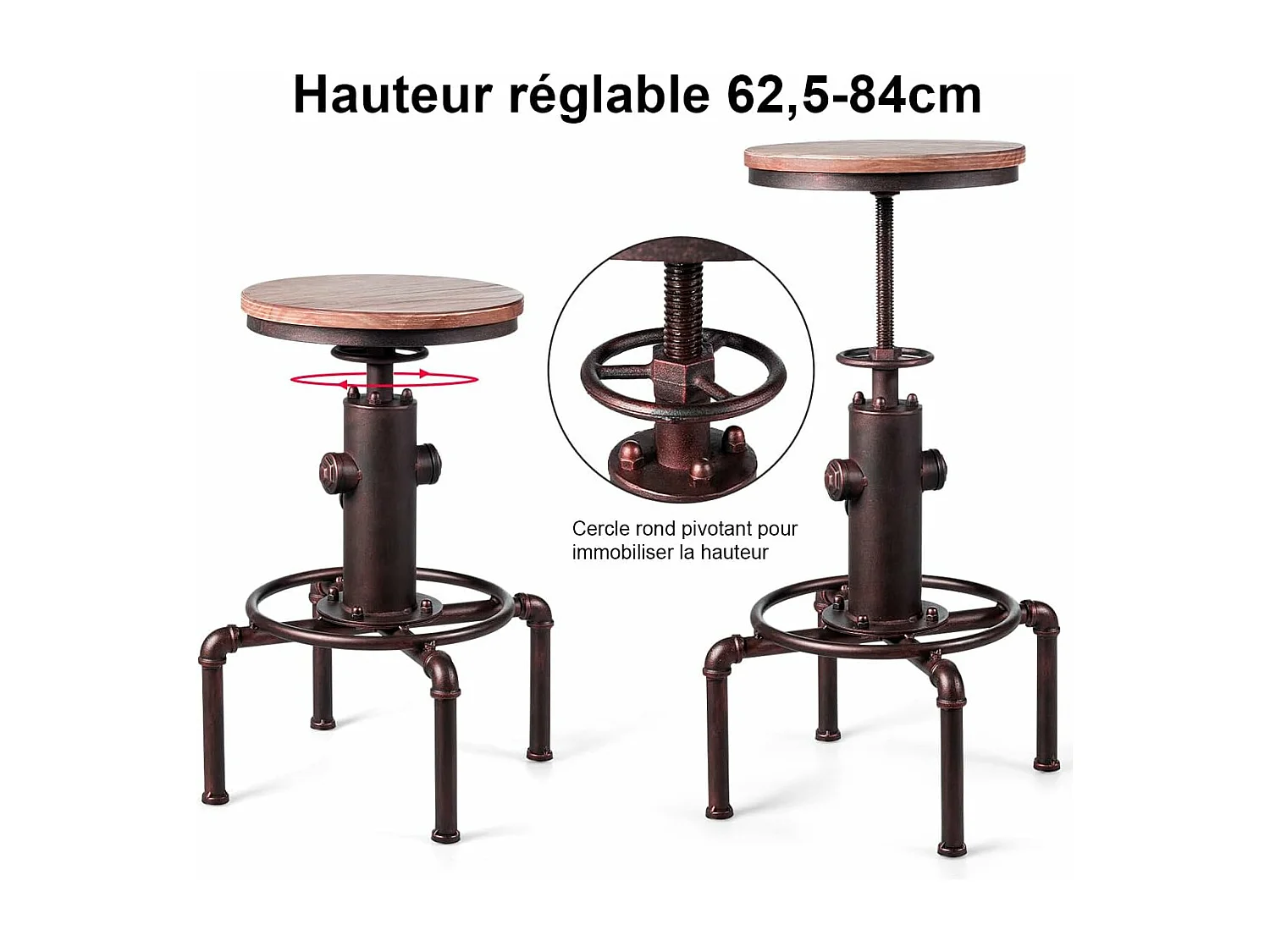 Tabouret Bar Industriel Vintage en Bois de Pin, Hauteur Réglable, Pivotant à 360 Degrés, pour Café Pub Cuisine, Charge 150 KG