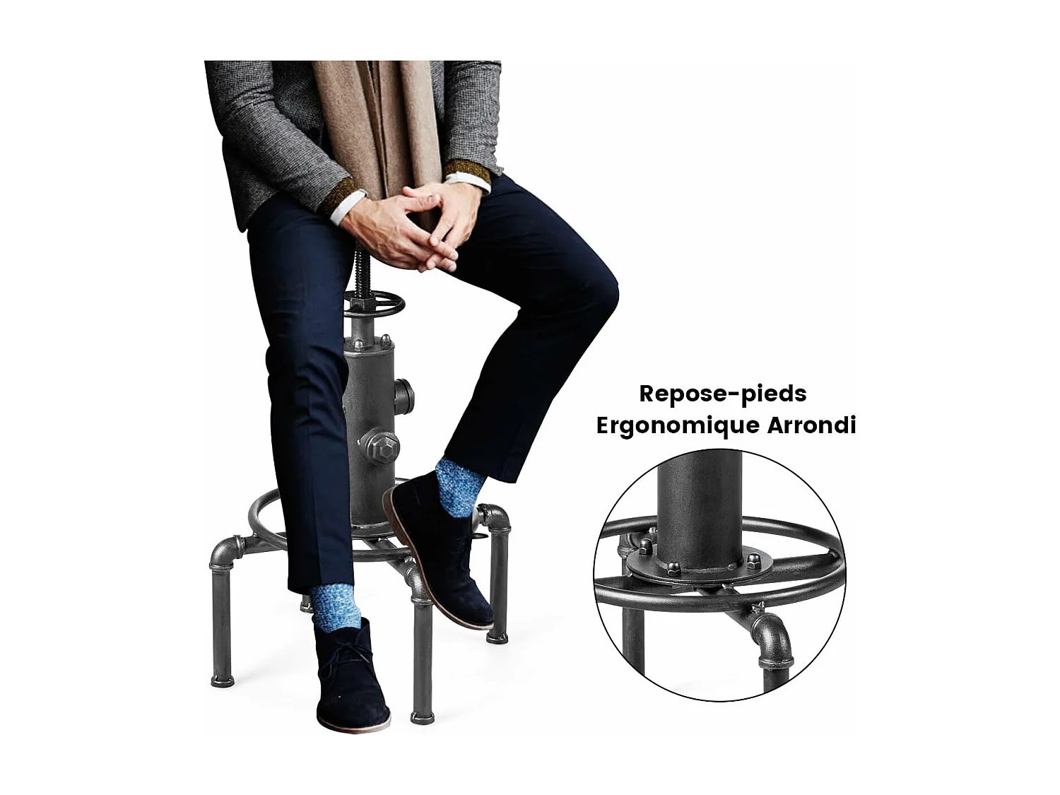 Tabouret Bar Industriel Vintage en Bois de Pin, Hauteur Réglable, Pivotant à 360 Degrés, pour Café Pub Cuisine, Charge 150 KG