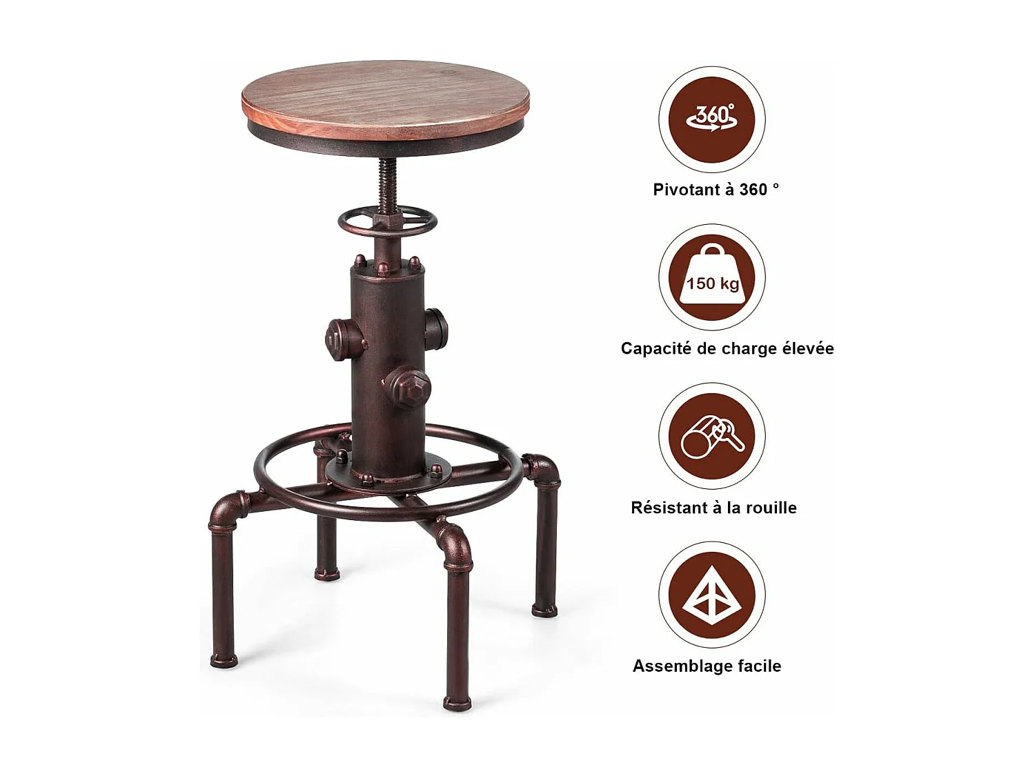 Tabouret Bar Industriel Vintage en Bois de Pin, Hauteur Réglable, Pivotant à 360 Degrés, pour Café Pub Cuisine, Charge 150 KG