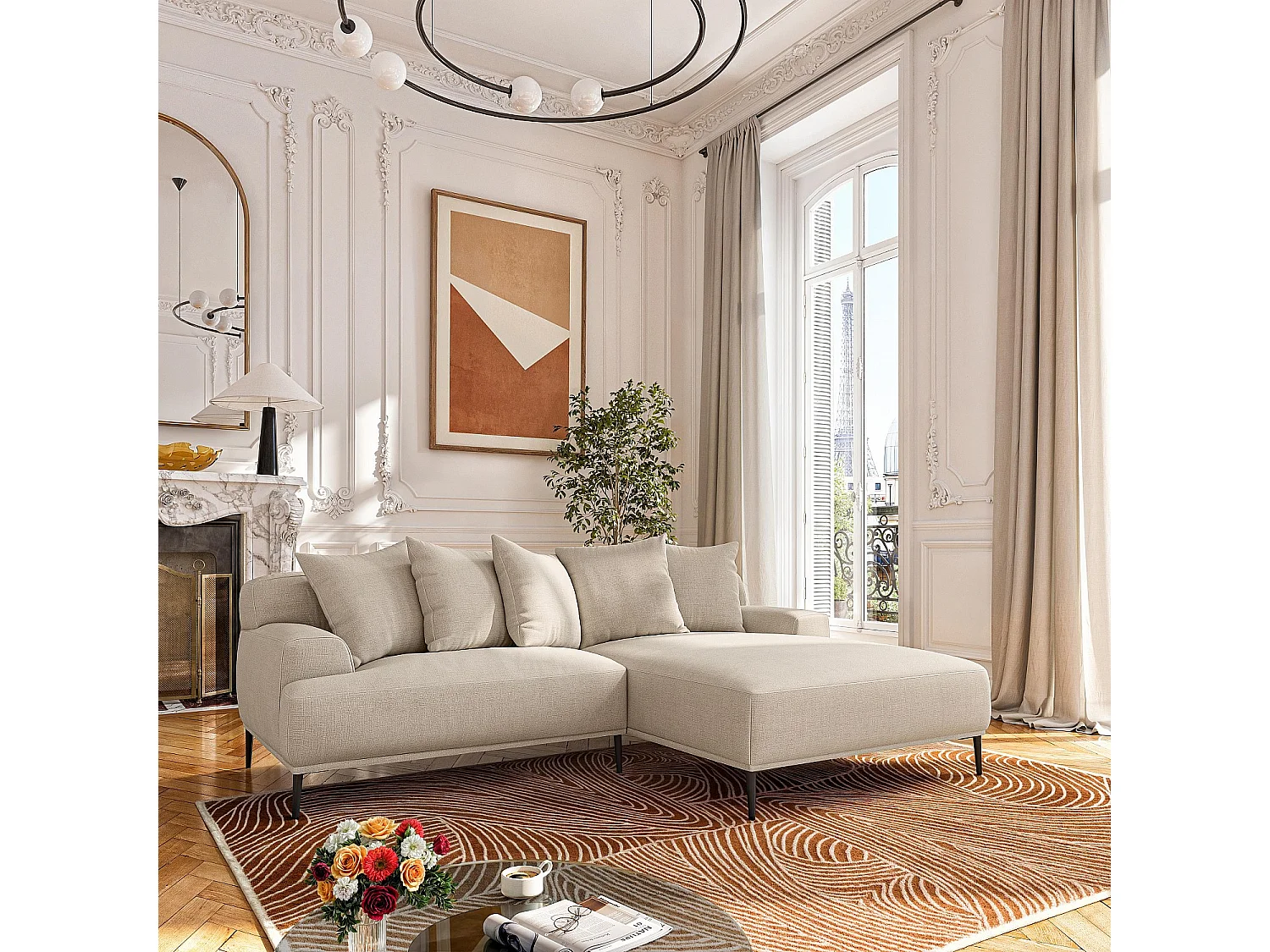 Habitat - Canapé d'angle droit en coton et lin garni de plumes - Beige - Ottone II