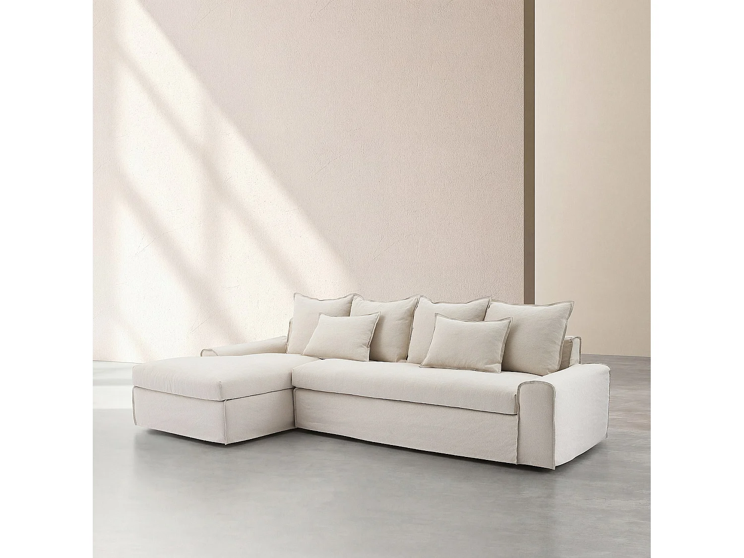 Habitat - Canapé d'angle gauche déhoussable en coton et lin garni de plumes - Sable blanc - Ginosa