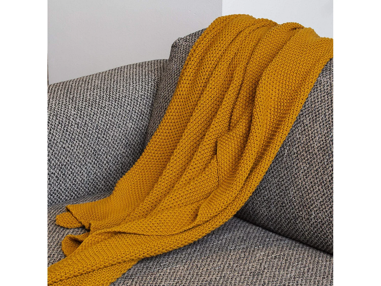 Habitat - Plaid tricoté en coton - 130 x 170 cm - Jaune Moutarde - Lou