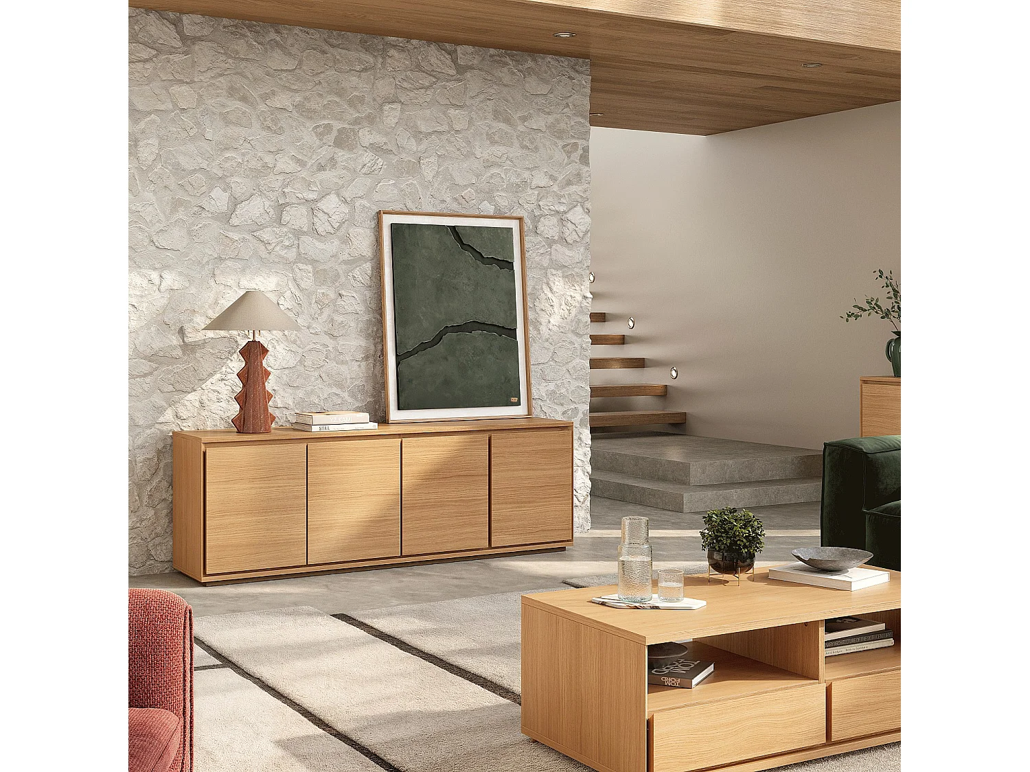 Buffet bas 4 portes en chêne - Naturel