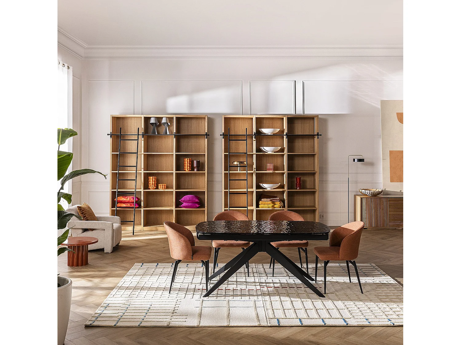 Habitat - Table rectangulaire extensible en verre trempé bullé - Noir  - Tensie