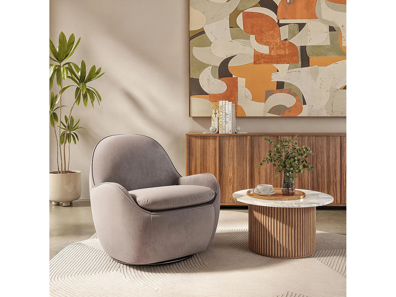 Habitat - Fauteuil pivotant en velours - Taupe - Boca
