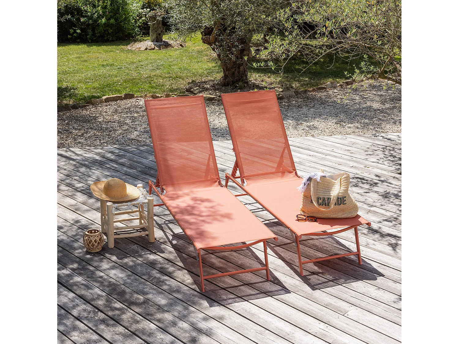 Set di 2 lettini pieghevoli SICILIA in textilene terracotta - struttura in terracotta - HAPPY GARDEN