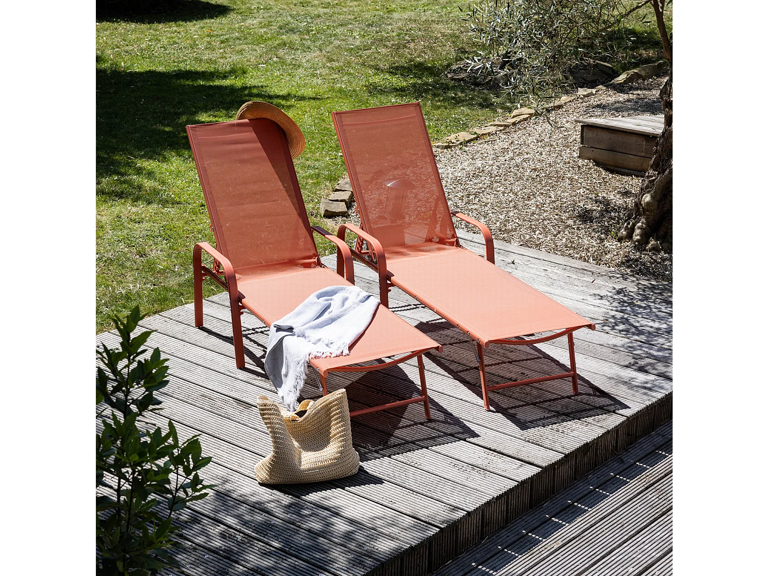Conjunto de 2 espreguiçadeiras SARDINIA em textilene terracota - moldura em terracota