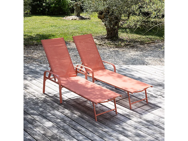 Lot de 2 bains de soleil SARDINIA en textilène terracotta - structure terracotta