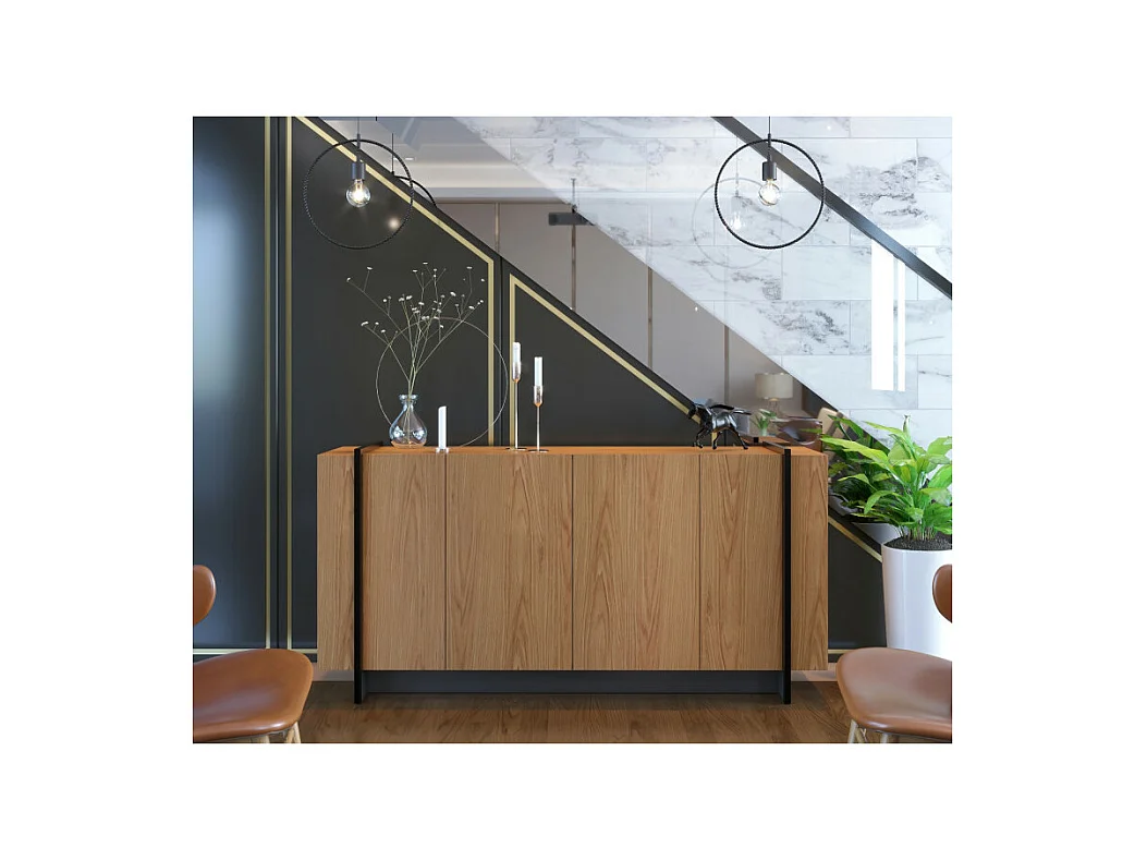 Buffet Bas 4 Portes Imitation Chêne 6 Niches L 160 H 79.7 P 42.5 cm