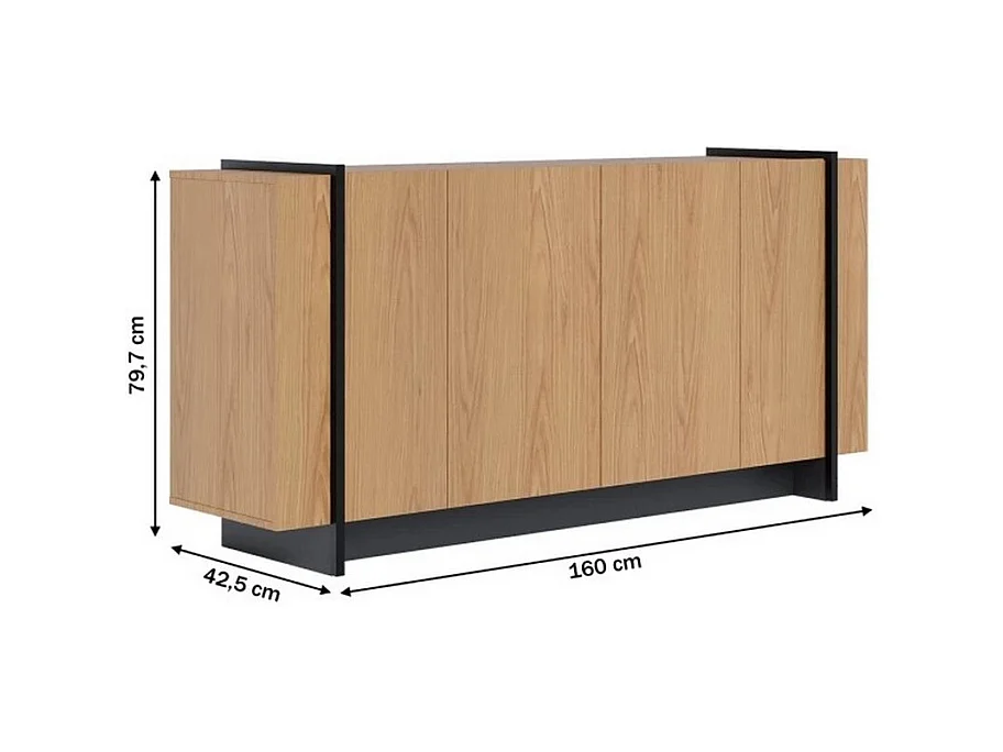 Buffet Bas 4 Portes Imitation Chêne 6 Niches L 160 H 79.7 P 42.5 cm