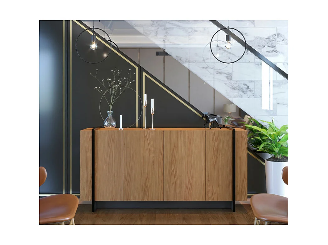 Buffet Bas 4 Portes Imitation Chêne 6 Niches L 160 H 79.7 P 42.5 cm