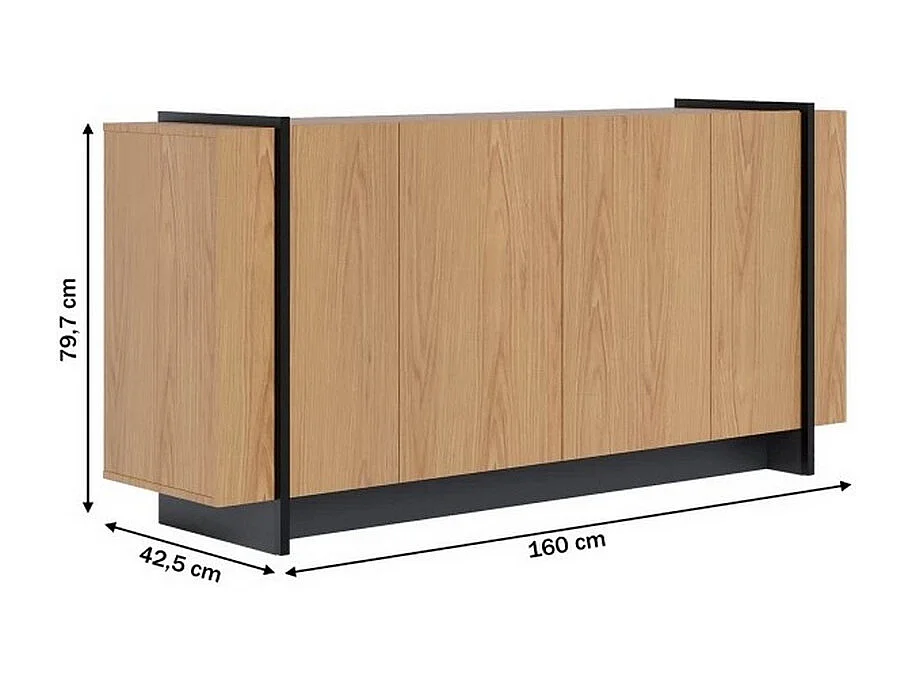 Buffet Bas 4 Portes Imitation Chêne 6 Niches L 160 H 79.7 P 42.5 cm