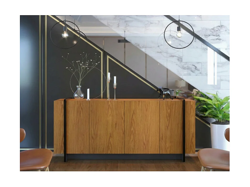 Buffet Bas 4 Portes Imitation Chêne 6 Niches L 160 H 79.7 P 42.5 cm