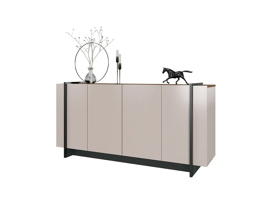 Buffet Bas 4 Portes Blanc Ecru et Noyer 6 Niches L 160 H 79.7 P 42.5 cm