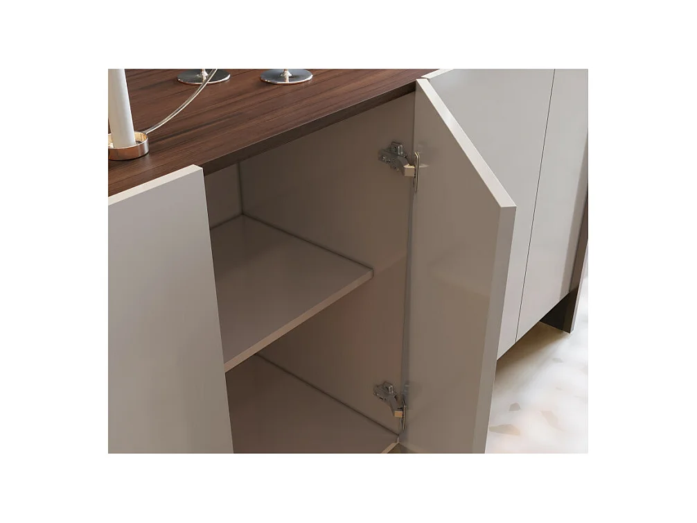 Buffet Bas 4 Portes Blanc Ecru et Noyer 6 Niches L 160 H 79.7 P 42.5 cm