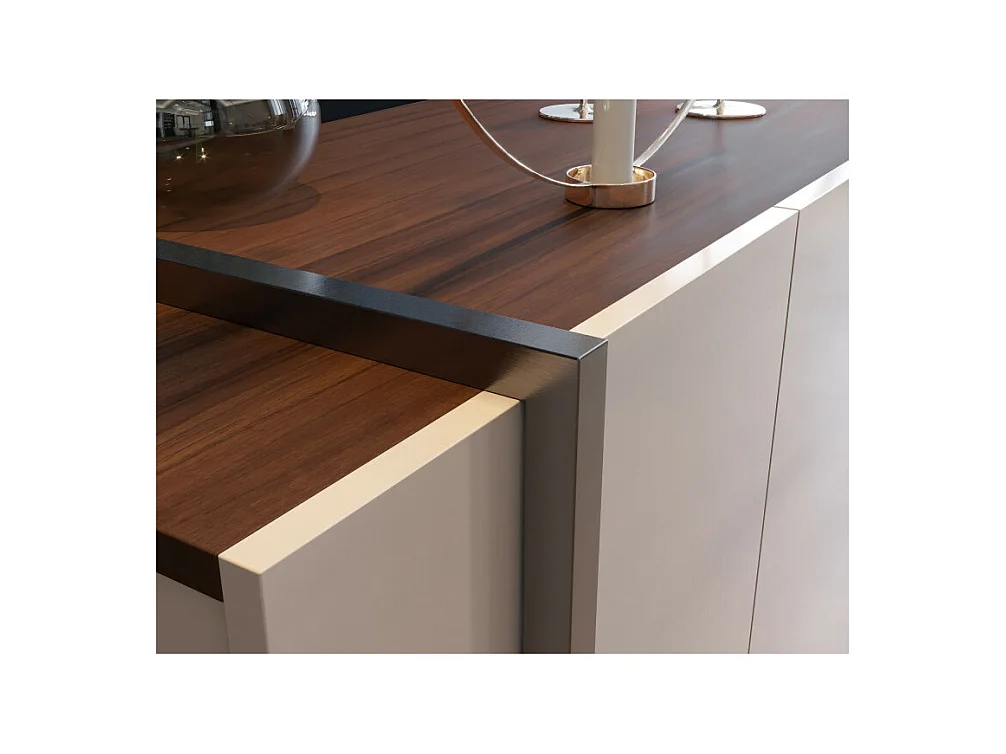 Buffet Bas 4 Portes Blanc Ecru et Noyer 6 Niches L 160 H 79.7 P 42.5 cm