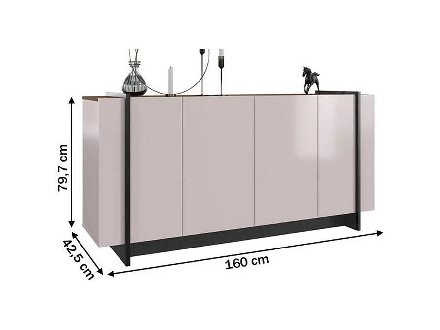 Buffet Bas 4 Portes Blanc Ecru et Noyer 6 Niches L 160 H 79.7 P 42.5 cm