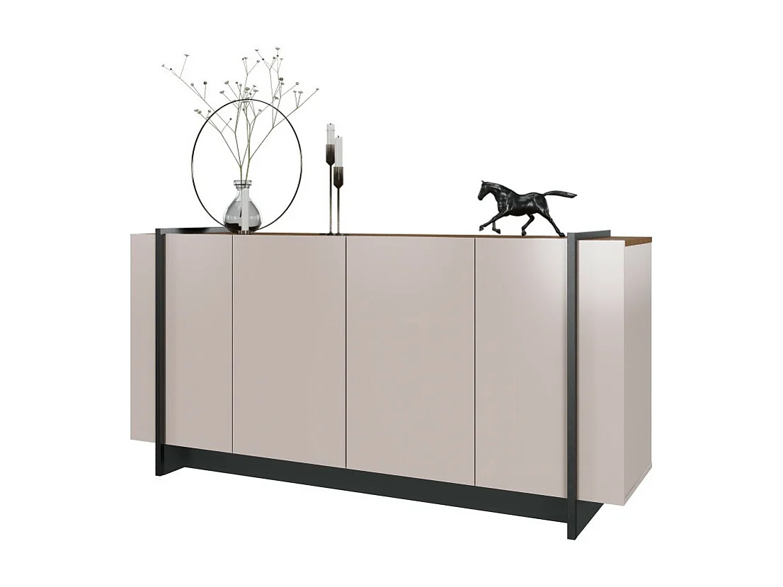 Buffet Bas 4 Portes Blanc Ecru et Noyer 6 Niches L 160 H 79.7 P 42.5 cm