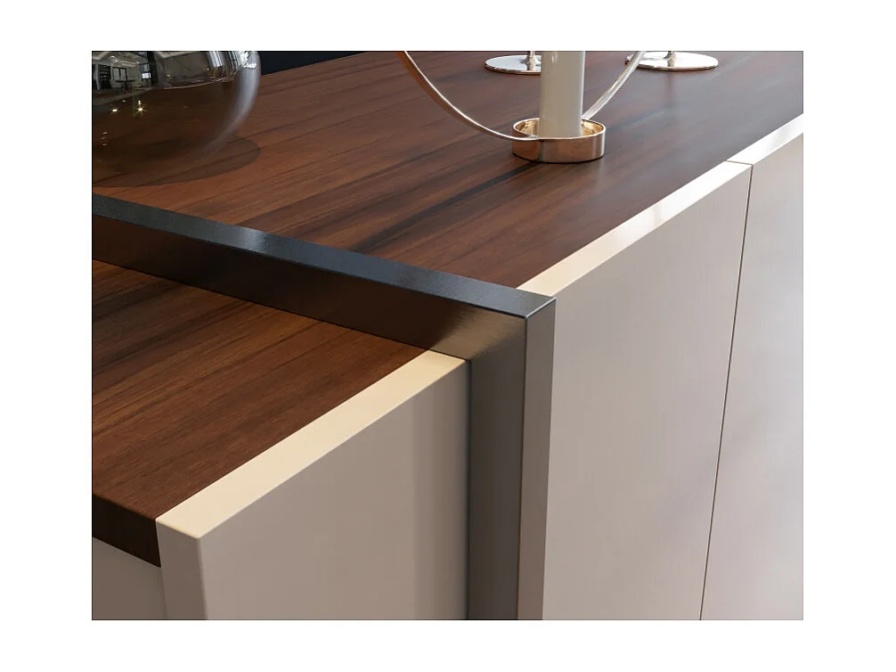 Buffet Bas 4 Portes Blanc Ecru et Noyer 6 Niches L 160 H 79.7 P 42.5 cm