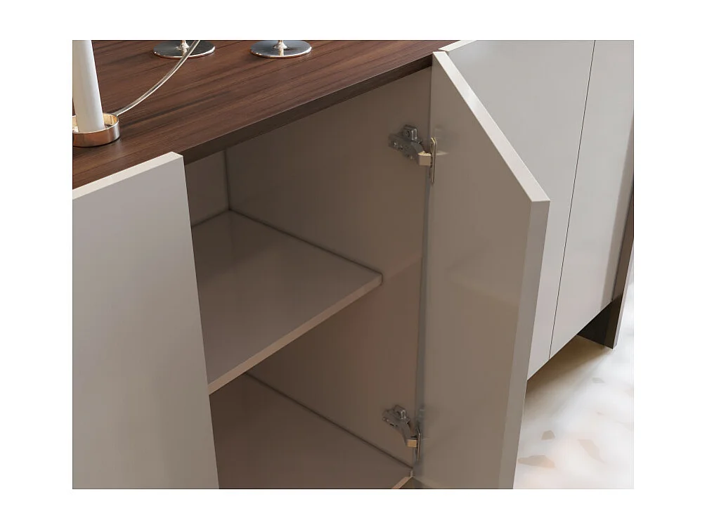 Buffet Bas 4 Portes Blanc Ecru et Noyer 6 Niches L 160 H 79.7 P 42.5 cm