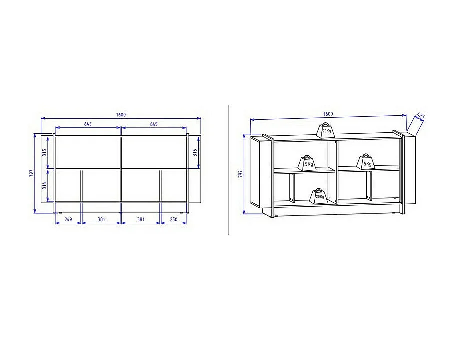 Buffet Bas 4 Portes Blanc Ecru et Noyer 6 Niches L 160 H 79.7 P 42.5 cm
