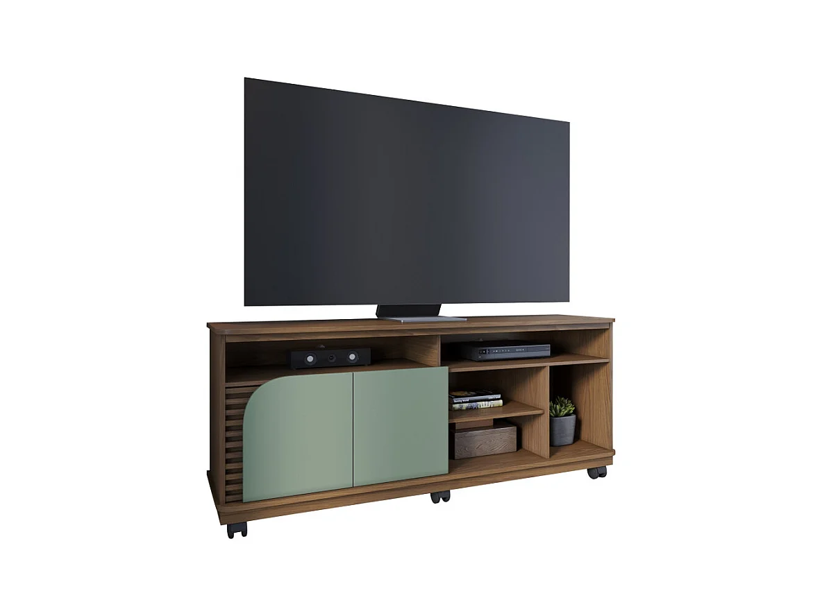 Meuble TV 65 Pouces Vert Olive et Chêne 2 Portes 7 Niches Roulettes L 150 H 63.2 P 39.3 cm