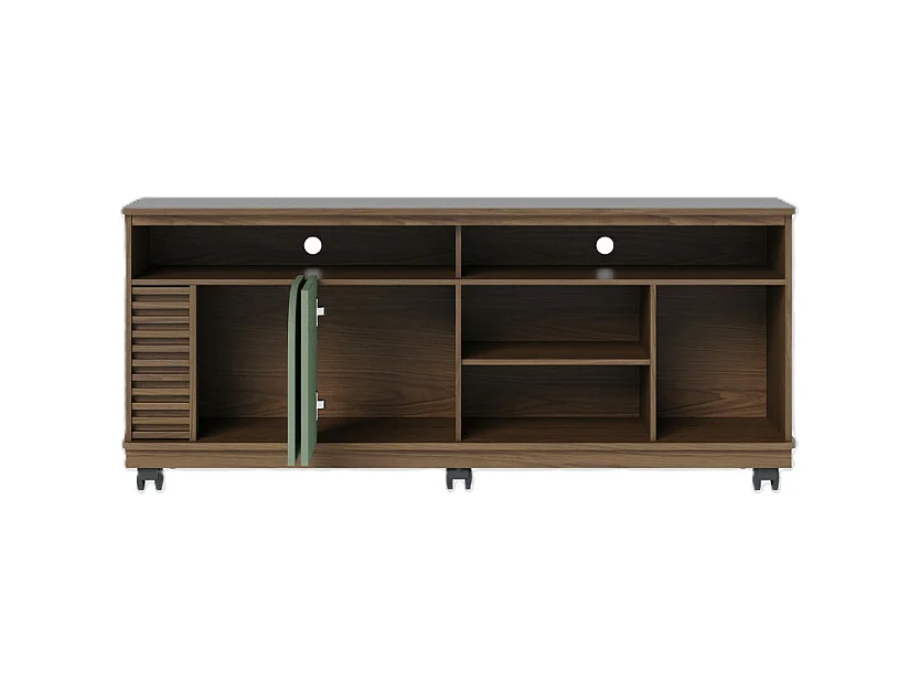 Meuble TV 65 Pouces Vert Olive et Chêne 2 Portes 7 Niches Roulettes L 150 H 63.2 P 39.3 cm