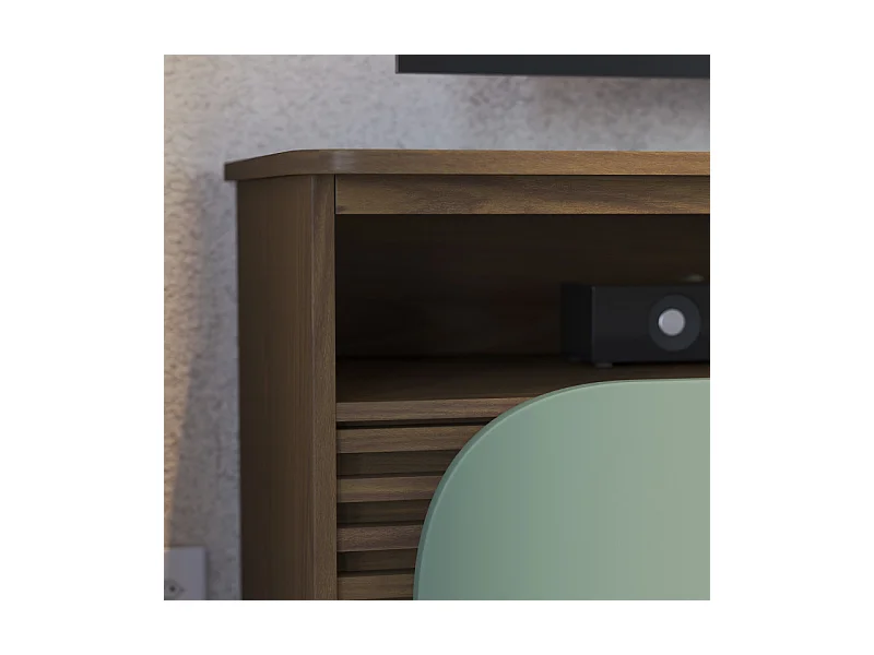 Meuble TV 65 Pouces Vert Olive et Chêne 2 Portes 7 Niches Roulettes L 150 H 63.2 P 39.3 cm