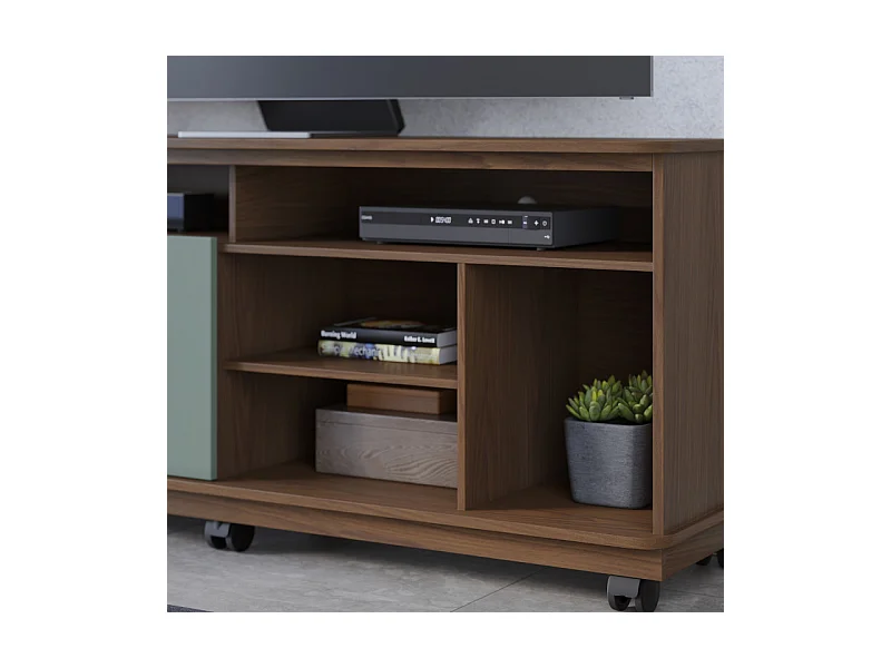 Meuble TV 65 Pouces Vert Olive et Chêne 2 Portes 7 Niches Roulettes L 150 H 63.2 P 39.3 cm