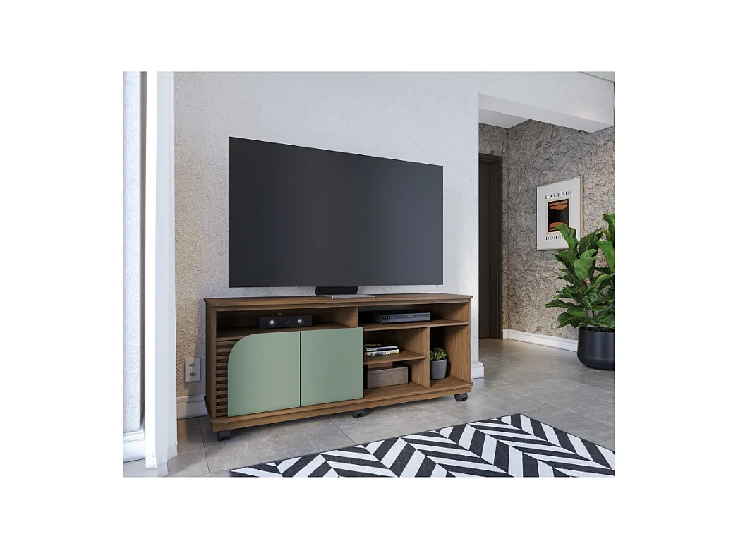 Meuble TV 65 Pouces Vert Olive et Chêne 2 Portes 7 Niches Roulettes L 150 H 63.2 P 39.3 cm