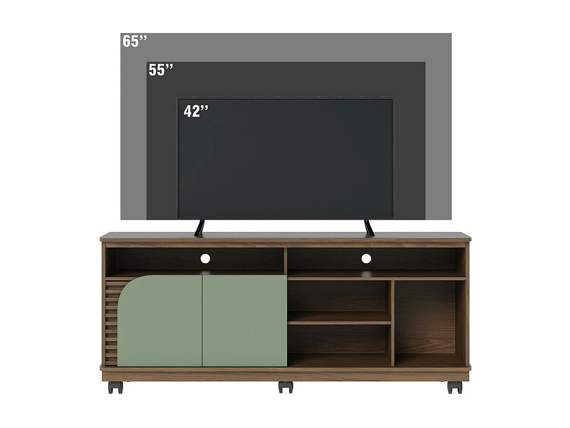 Meuble TV 65 Pouces Vert Olive et Chêne 2 Portes 7 Niches Roulettes L 150 H 63.2 P 39.3 cm