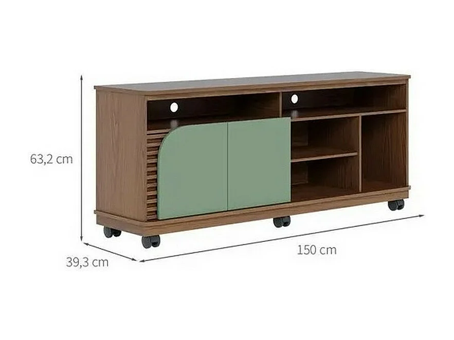 Meuble TV 65 Pouces Vert Olive et Chêne 2 Portes 7 Niches Roulettes L 150 H 63.2 P 39.3 cm